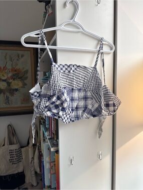 Blue Patchwork Ruffle Spaghetti-Strap Crop Top